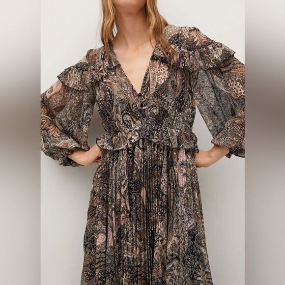 Mango Paisley Pleated Dress New - Picture 12 of 14